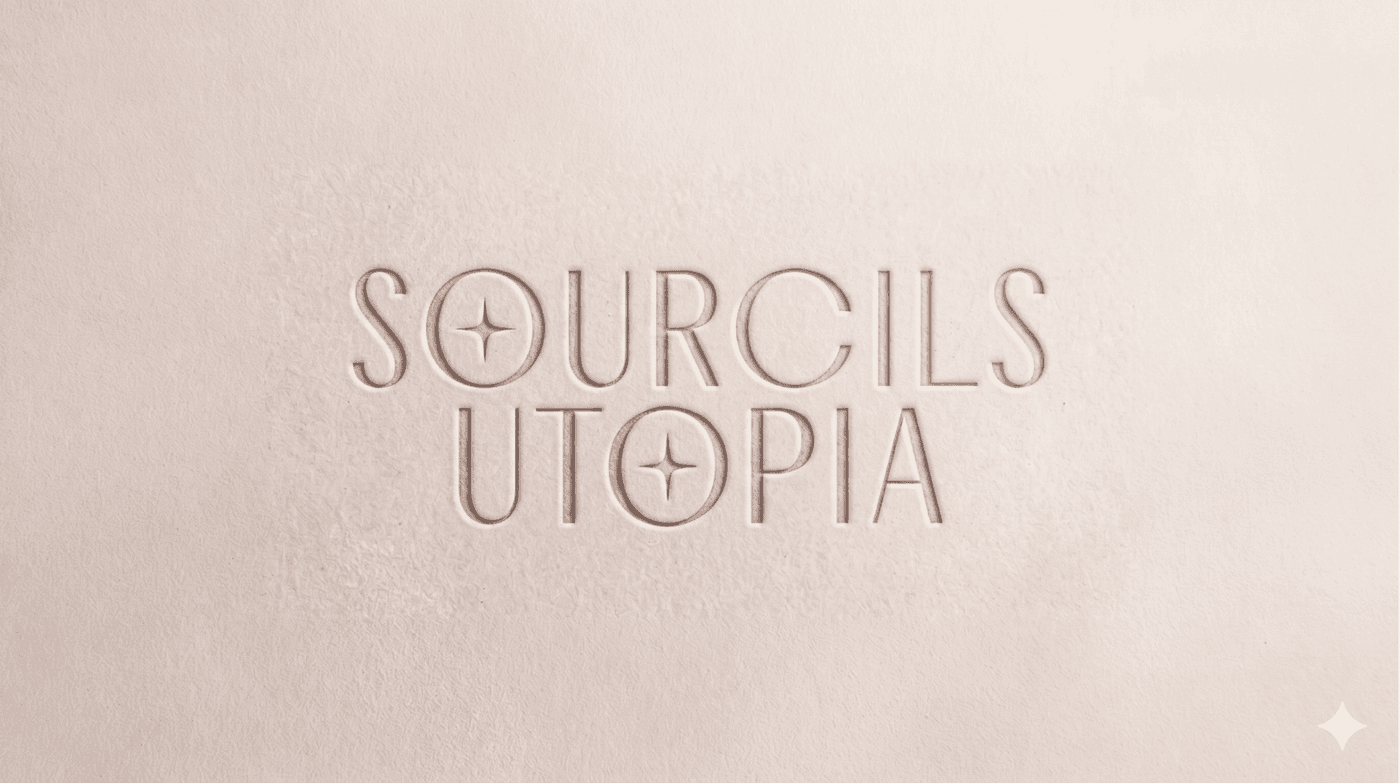 Sourcils Utopia — logo sobre textura marrón